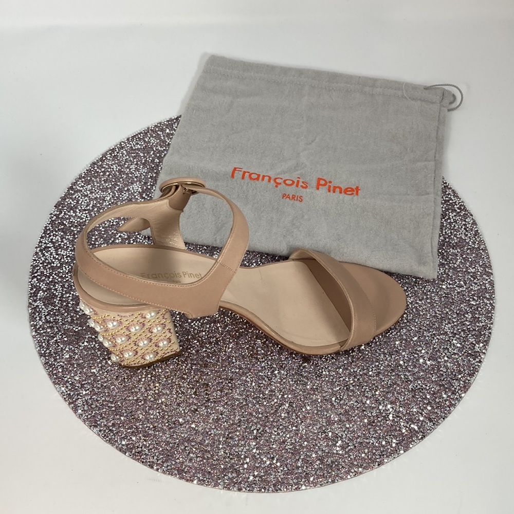 Francois Pinet Leather Tan Sandals With 4in Studded Block Heel